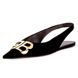 Balenciaga Black Velvet BB Knife Slingback Flats Shoes Pointy Toe Size 8.5